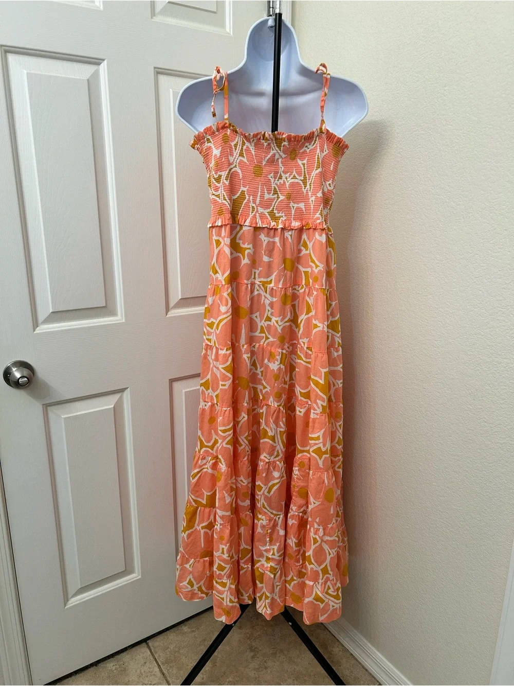 J. Crew Orange Floral Smocked Tie-Shoulder Maxi Dress